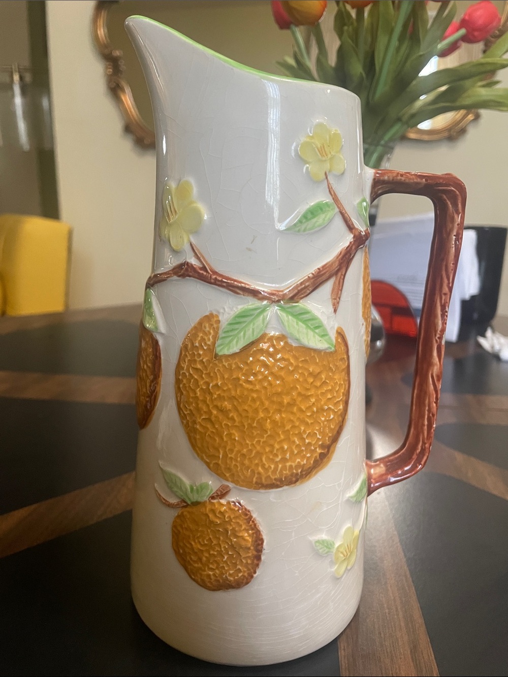 Vintage Mid Century Napcoward Ceramic Orange Blossoms Painted Pitcher FLAWED